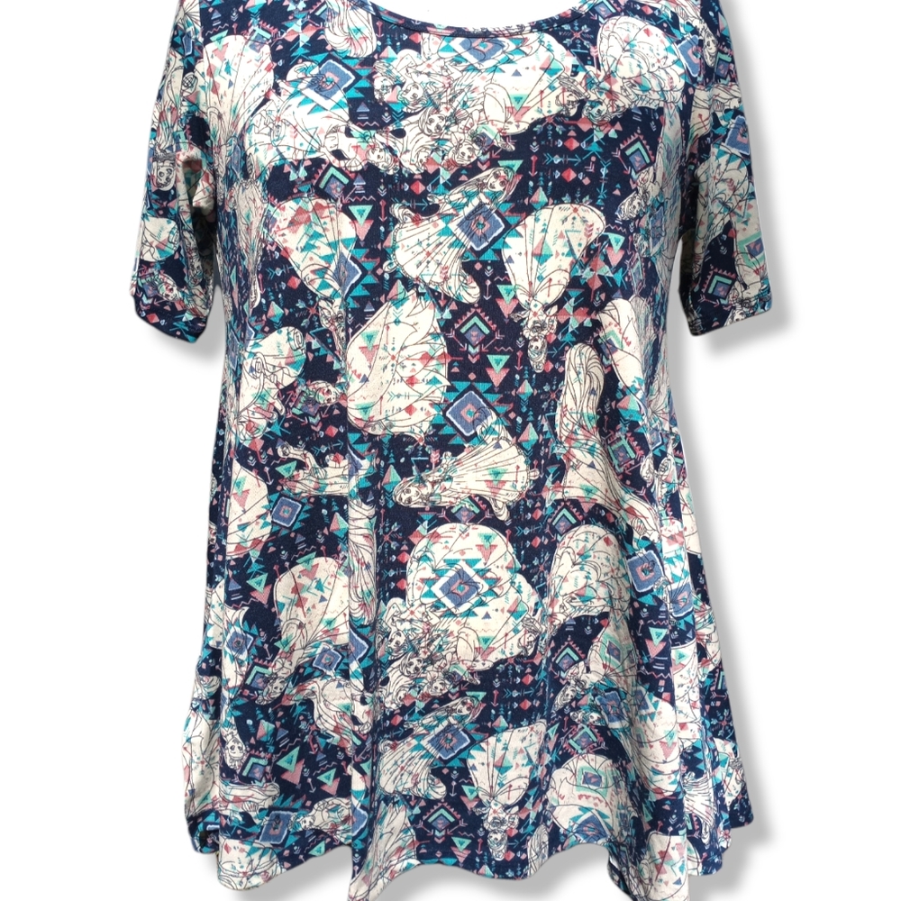 Lularoe Disney Womans Blouse Short Sleeve Nwt Princess Retro Blue Purple White M